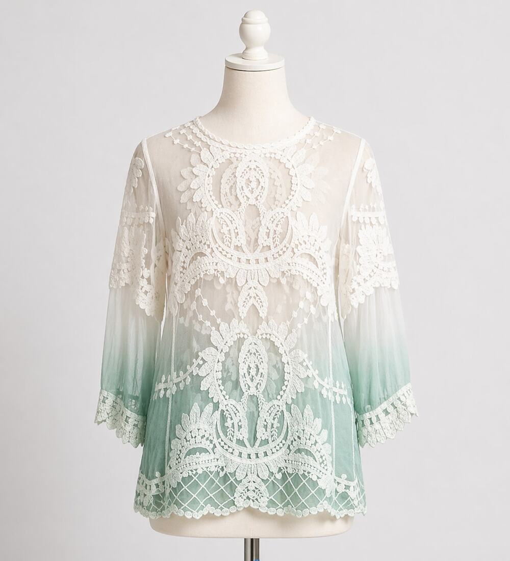 White Green Lace Long Sleeve Sheer Top Cover Up Ombre S